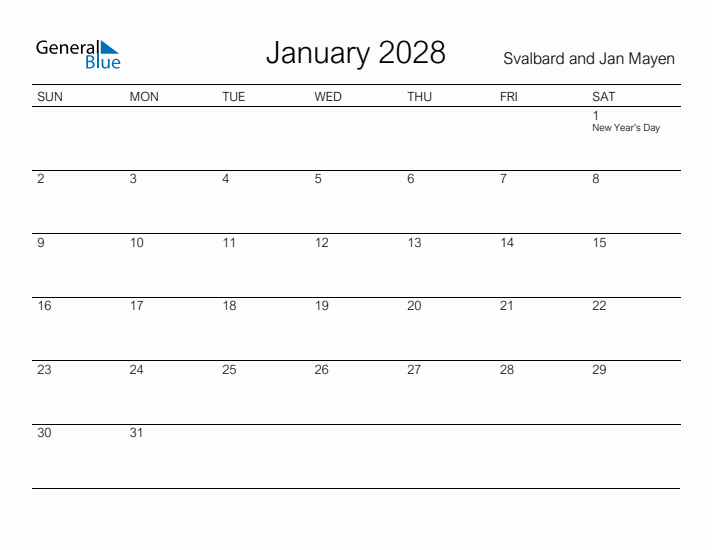 Printable January 2028 Calendar for Svalbard and Jan Mayen