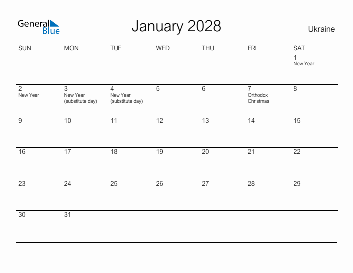 Printable January 2028 Calendar for Ukraine