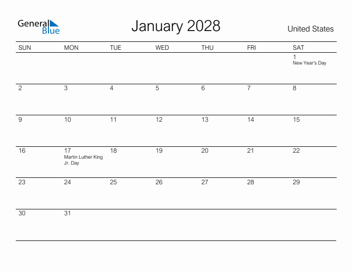 Printable January 2028 Calendar for United States