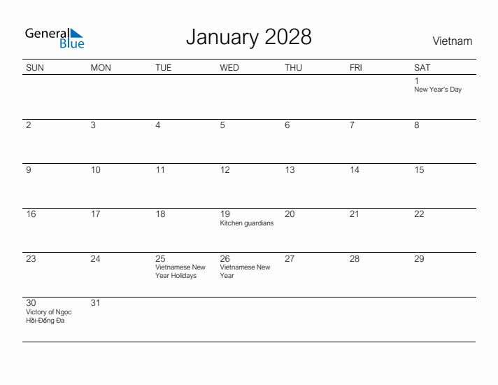 Printable January 2028 Calendar for Vietnam