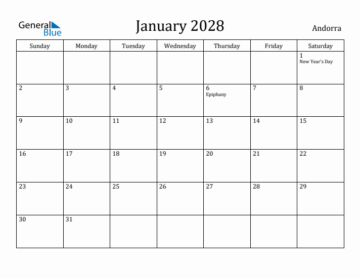 January 2028 Calendar Andorra