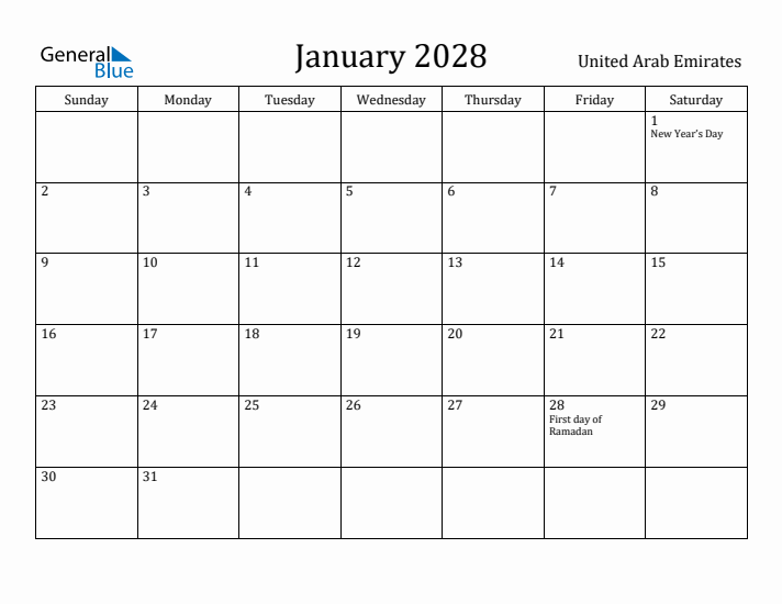 January 2028 Calendar United Arab Emirates