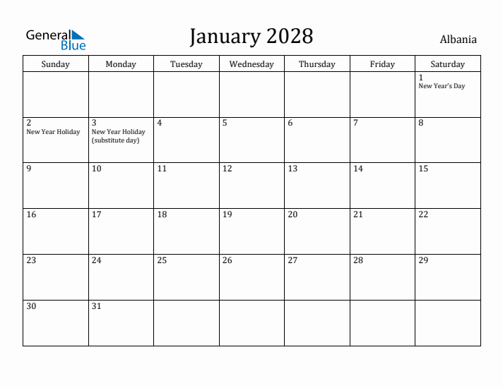 January 2028 Calendar Albania