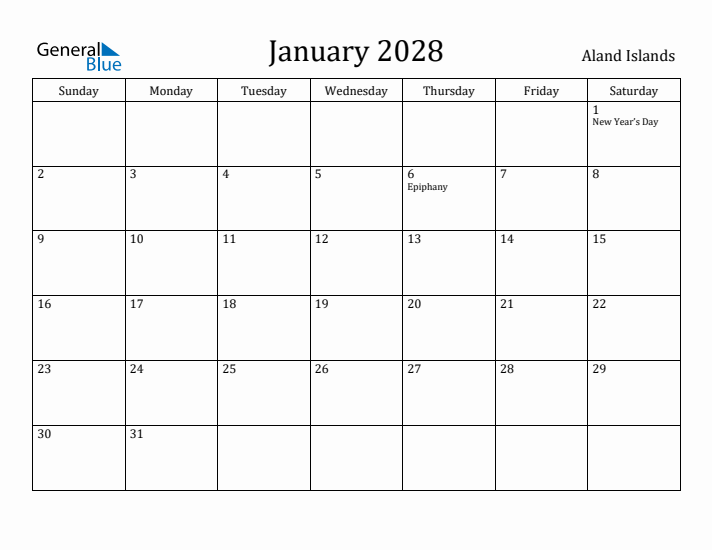 January 2028 Calendar Aland Islands