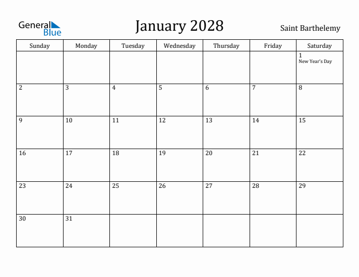 January 2028 Calendar Saint Barthelemy