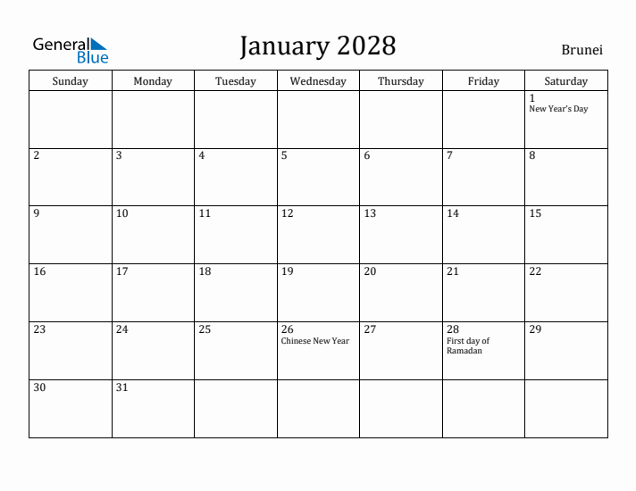 January 2028 Calendar Brunei