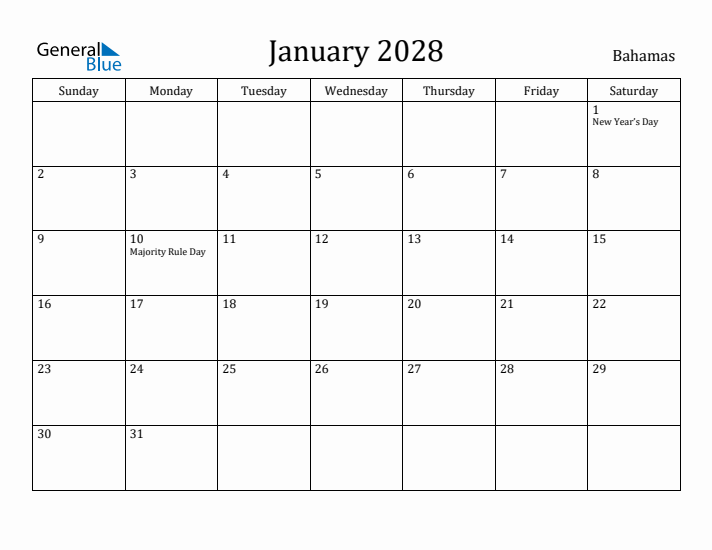 January 2028 Calendar Bahamas