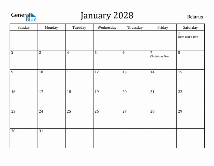 January 2028 Calendar Belarus