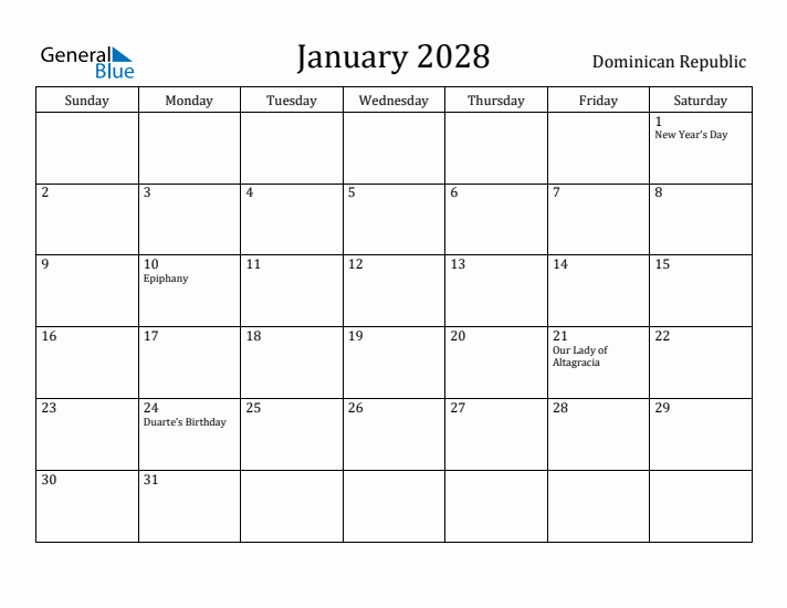 January 2028 Calendar Dominican Republic
