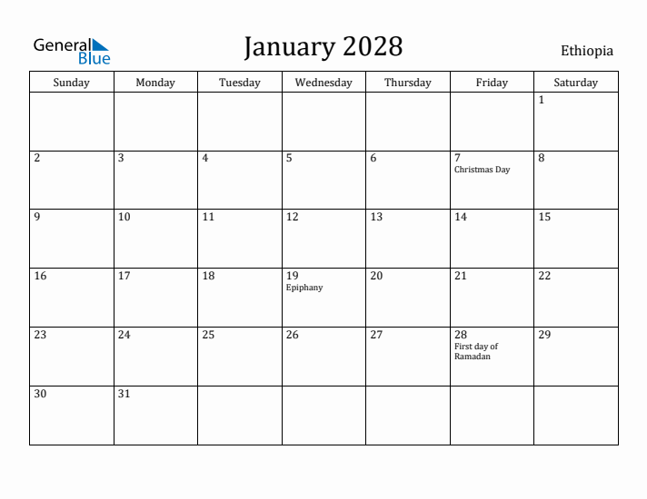 January 2028 Calendar Ethiopia