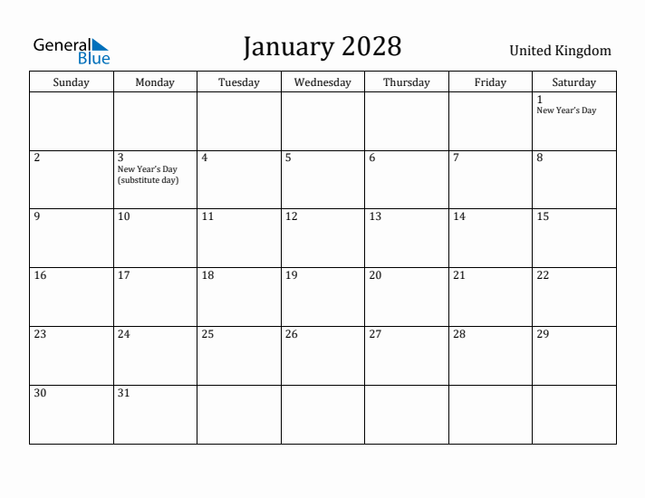 January 2028 Calendar United Kingdom