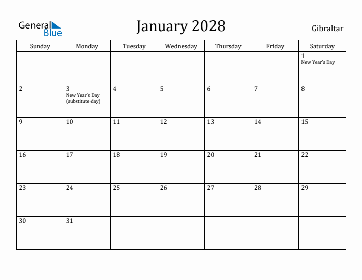 January 2028 Calendar Gibraltar