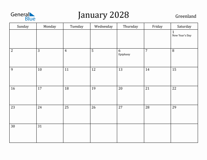 January 2028 Calendar Greenland