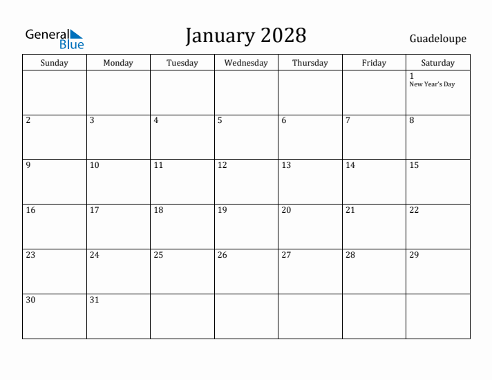 January 2028 Calendar Guadeloupe