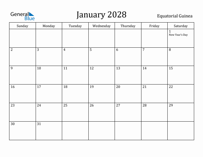 January 2028 Calendar Equatorial Guinea