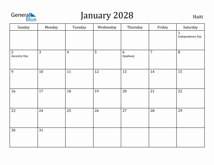 January 2028 Calendar Haiti