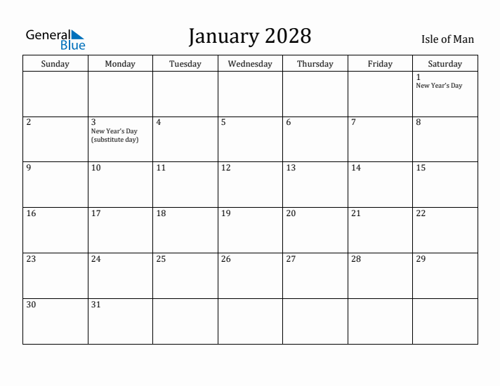 January 2028 Calendar Isle of Man