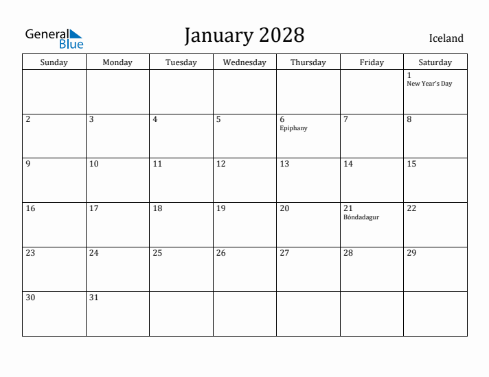 January 2028 Calendar Iceland