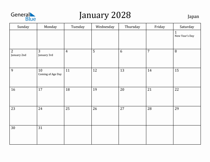 January 2028 Calendar Japan