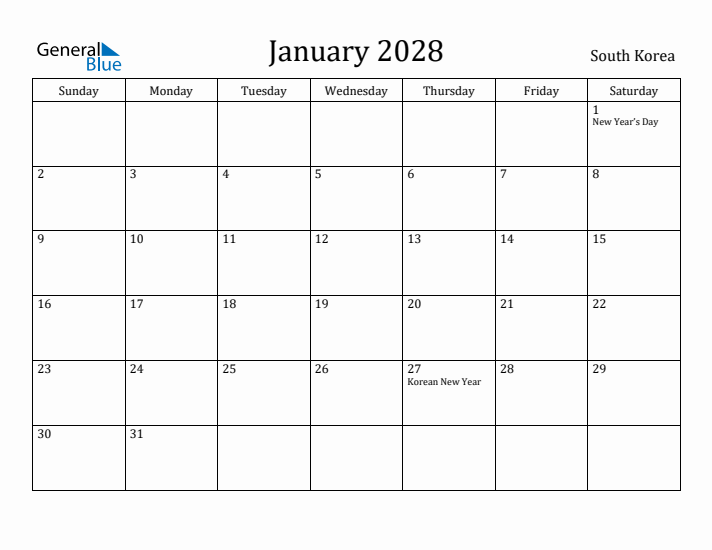 January 2028 Calendar South Korea