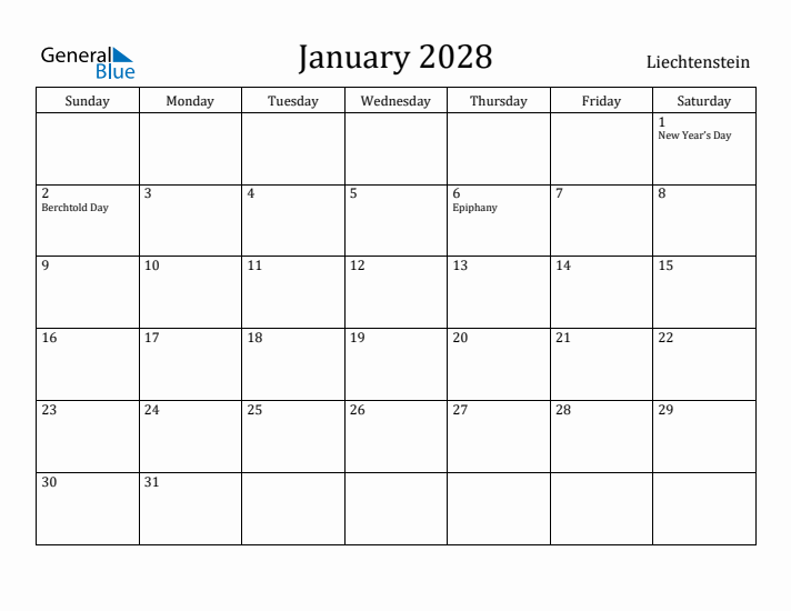 January 2028 Calendar Liechtenstein