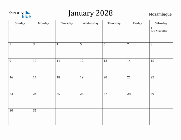 January 2028 Calendar Mozambique