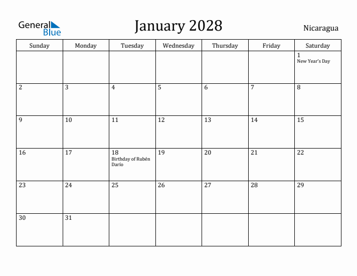 January 2028 Calendar Nicaragua