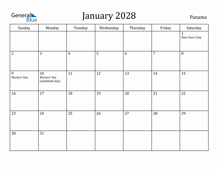 January 2028 Calendar Panama