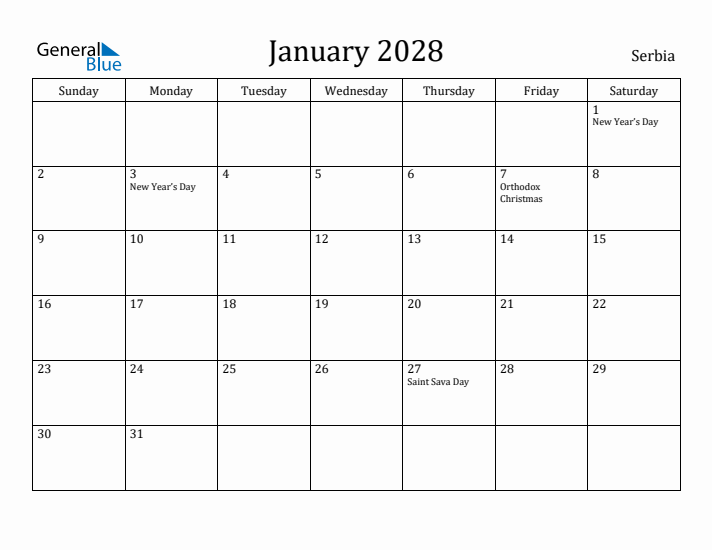 January 2028 Calendar Serbia