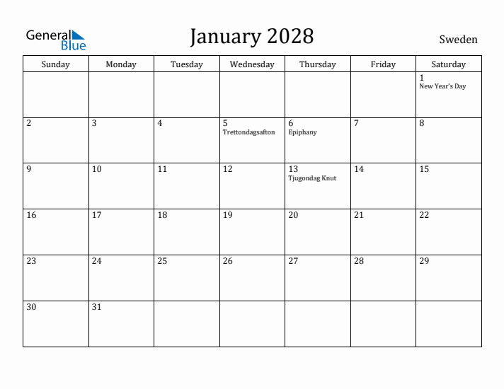 January 2028 Calendar Sweden