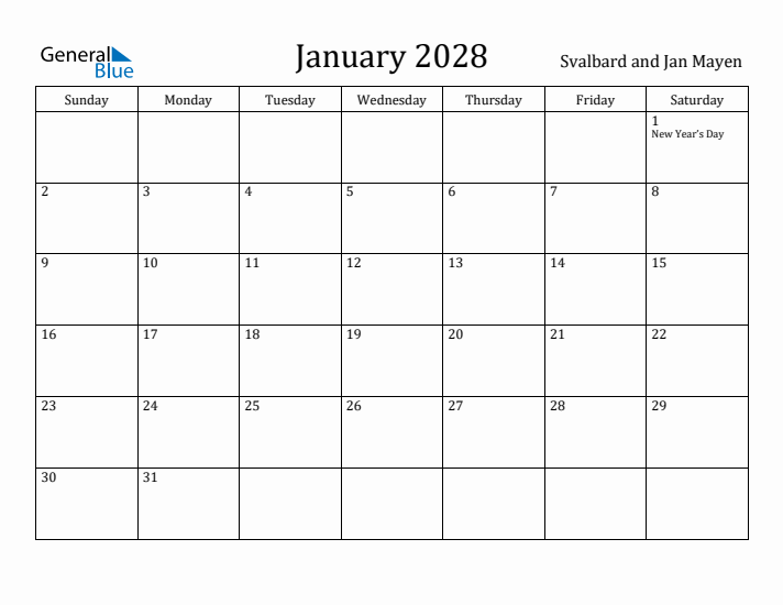 January 2028 Calendar Svalbard and Jan Mayen