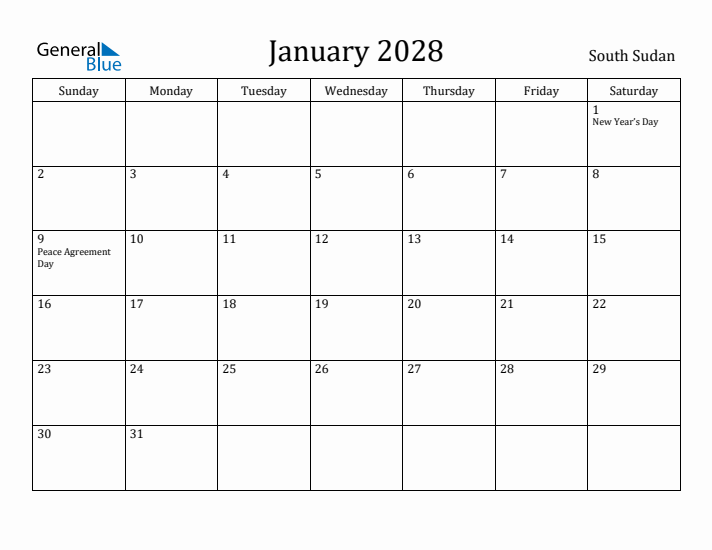January 2028 Calendar South Sudan