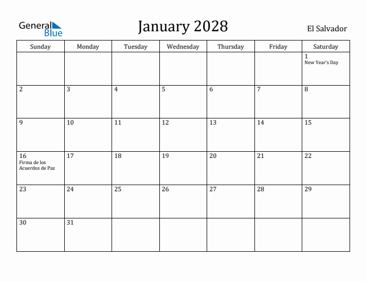 January 2028 Calendar El Salvador