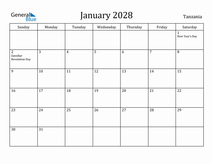 January 2028 Calendar Tanzania