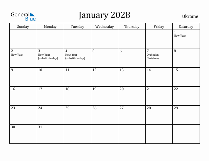 January 2028 Calendar Ukraine