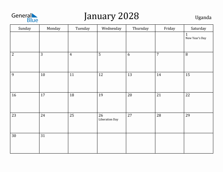 January 2028 Calendar Uganda