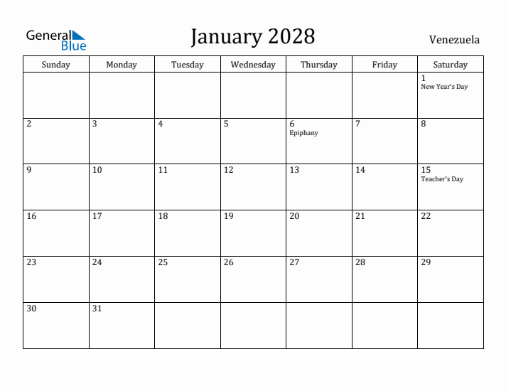 January 2028 Calendar Venezuela