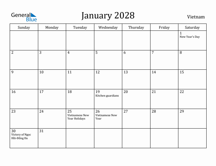 January 2028 Calendar Vietnam