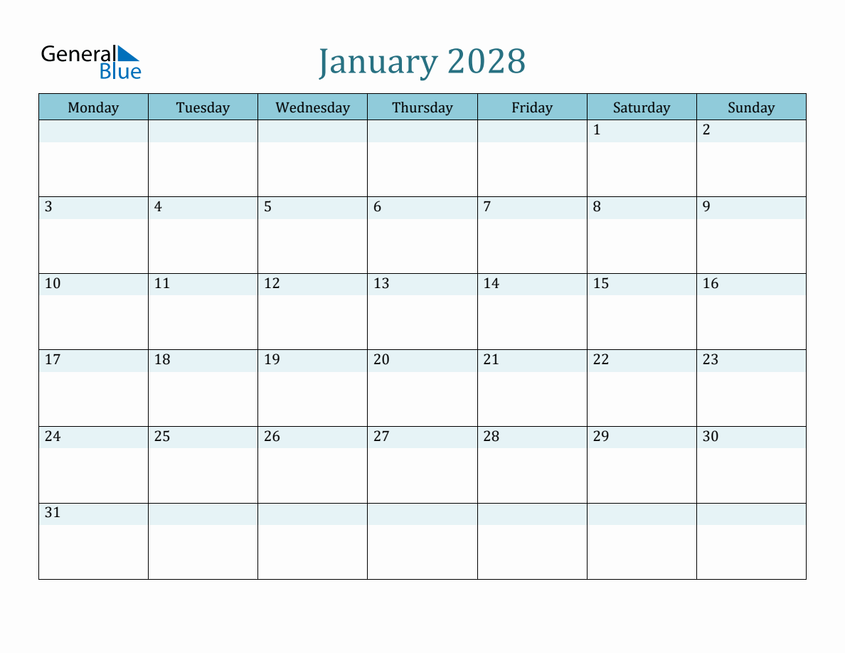 January 2028 Monthly Calendar Template (Monday Start)