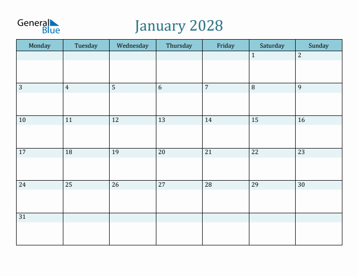 January 2028 Printable Calendar