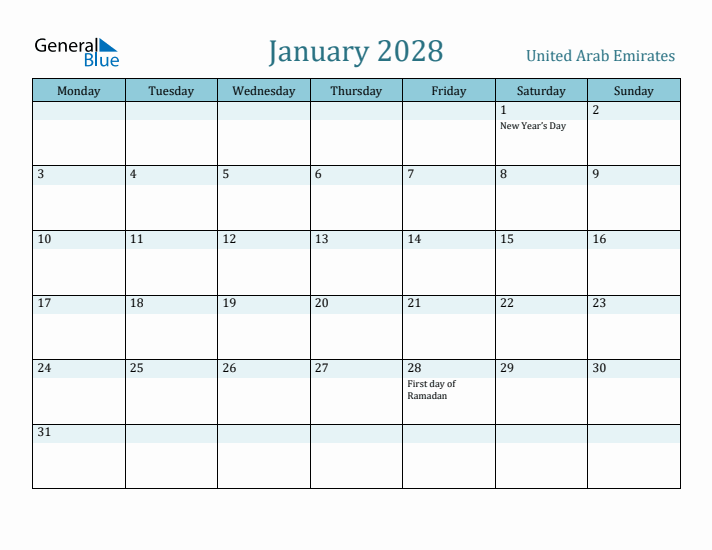 January 2028 Calendar with Holidays