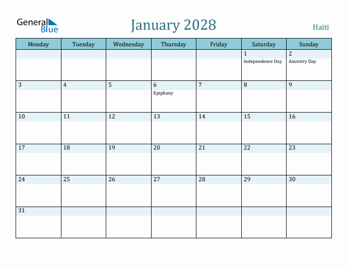 January 2028 Calendar with Holidays