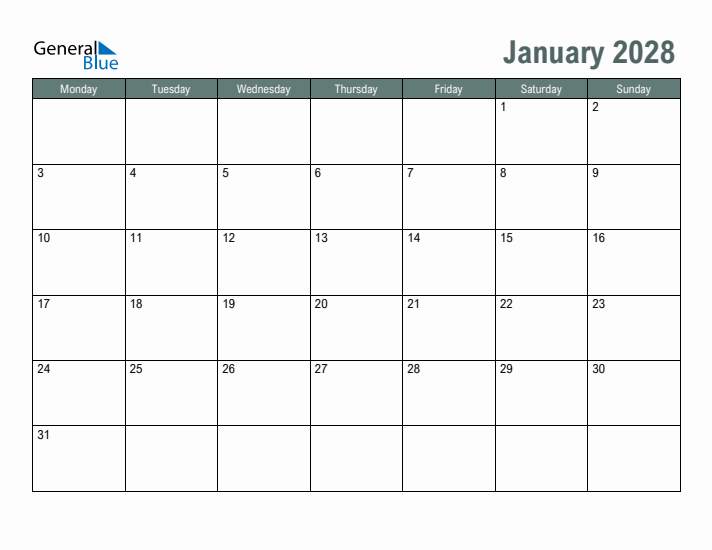 Free Printable January 2028 Calendar