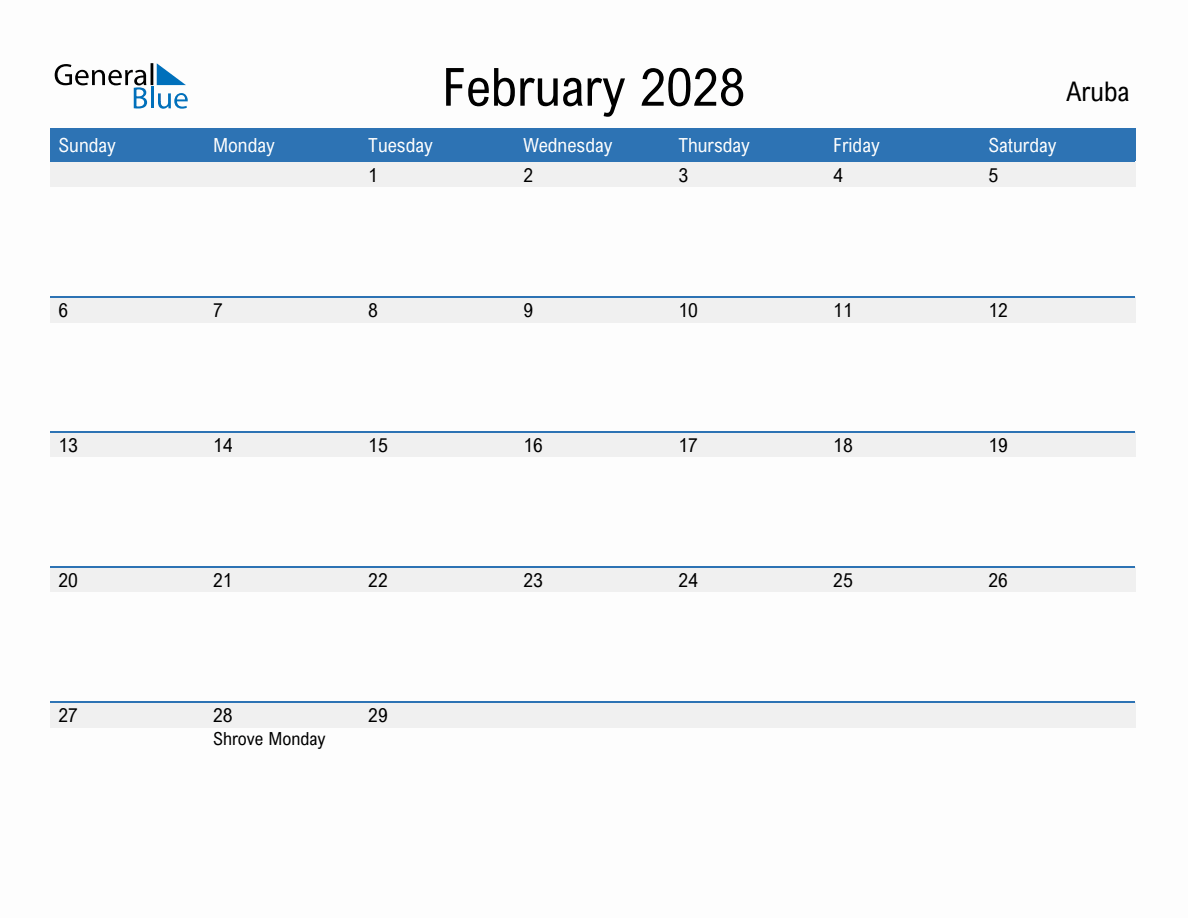 February 2028 Monthly Calendar with Aruba Holidays