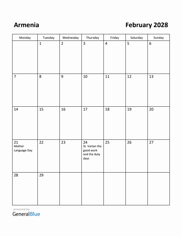 February 2028 Calendar with Armenia Holidays
