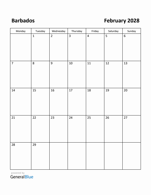 February 2028 Calendar with Barbados Holidays