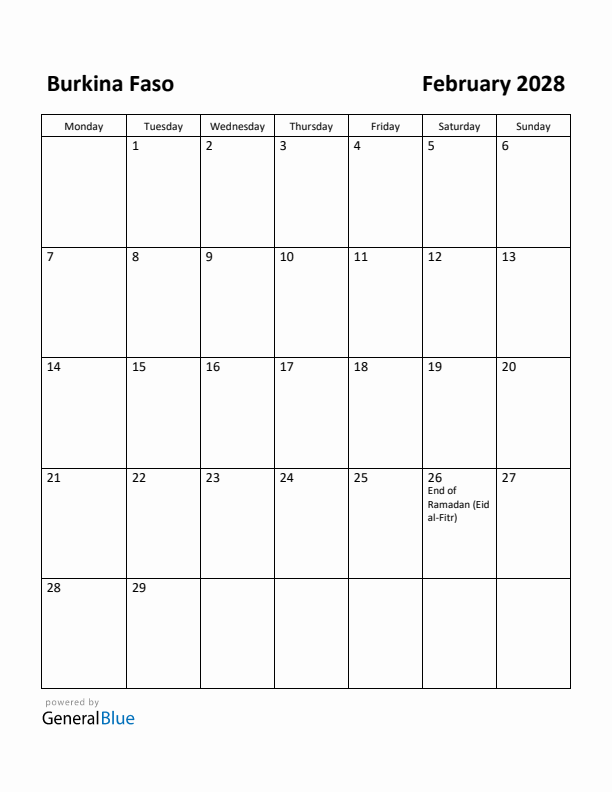 February 2028 Calendar with Burkina Faso Holidays