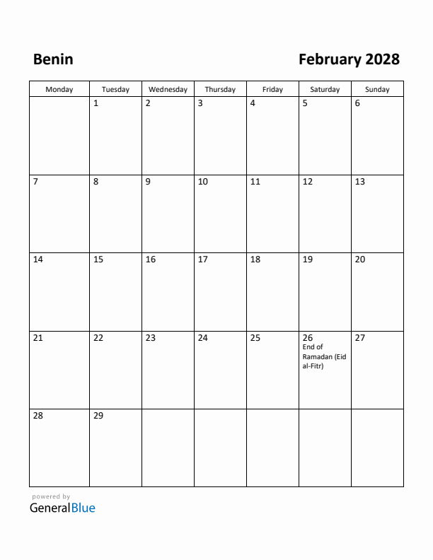 February 2028 Calendar with Benin Holidays