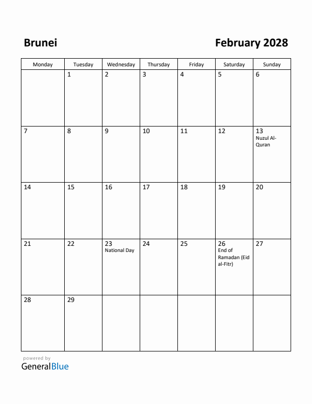 February 2028 Calendar with Brunei Holidays