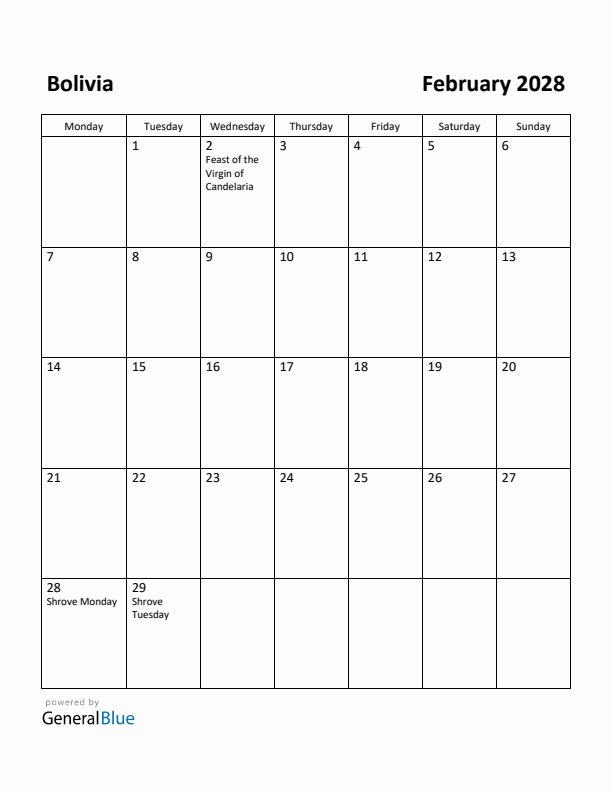 February 2028 Calendar with Bolivia Holidays